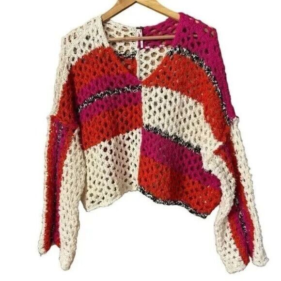 Free People Sail Away Open Knit Sweater Womens XS Gardenia Pop Combo Pink Rose - Picture 1 of 3